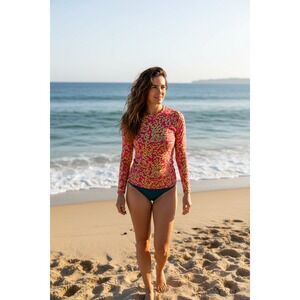 Banana Boat Women's Pink Neon Abstract Print Long Sleeve Rash Guard Top Size 2XL